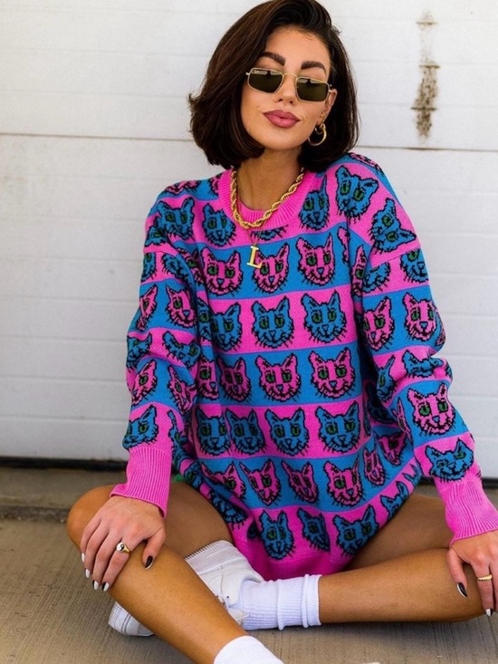 Dressed in LALA Sweaters - Dressed in Lala Pink & Blue Cat Pattern Oversized Sweater